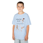 Young boy wearing a youth Gildan 5000B heavy cotton t-shirt in light blue with a Martial Arts text and graphic