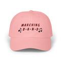 Pink embroidered classic dad cap hat with a Marching Band text and musical note graphic Front view