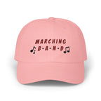 Pink embroidered classic dad cap hat with a Marching Band text and musical note graphic Front view