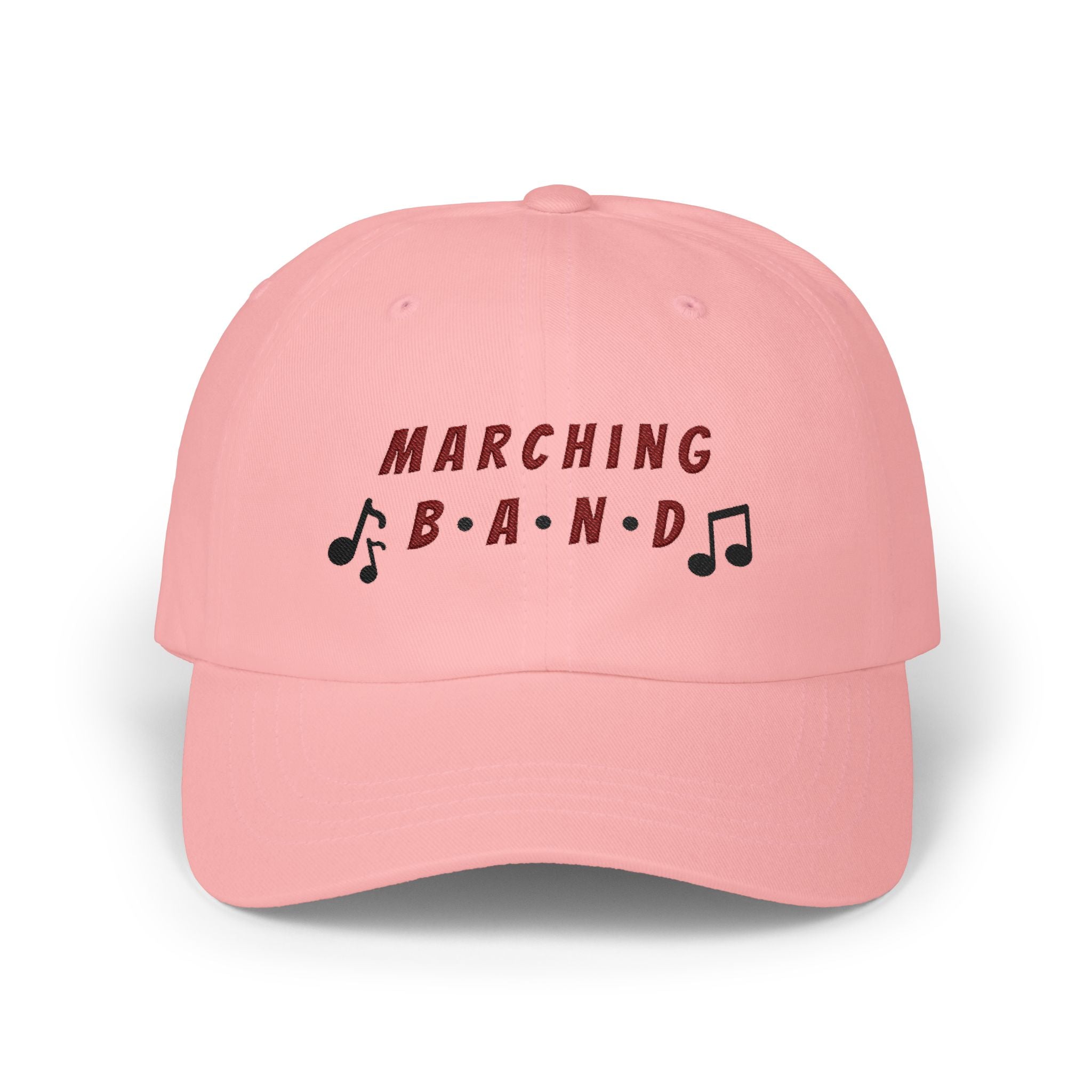 Pink embroidered classic dad cap hat with a Marching Band text and musical note graphic Front view