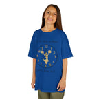 Young girl wearing a youth Gildan 5000B heavy cotton t-shirt in royal with an It's My Time to Shine Cheer 2026-2027 theme