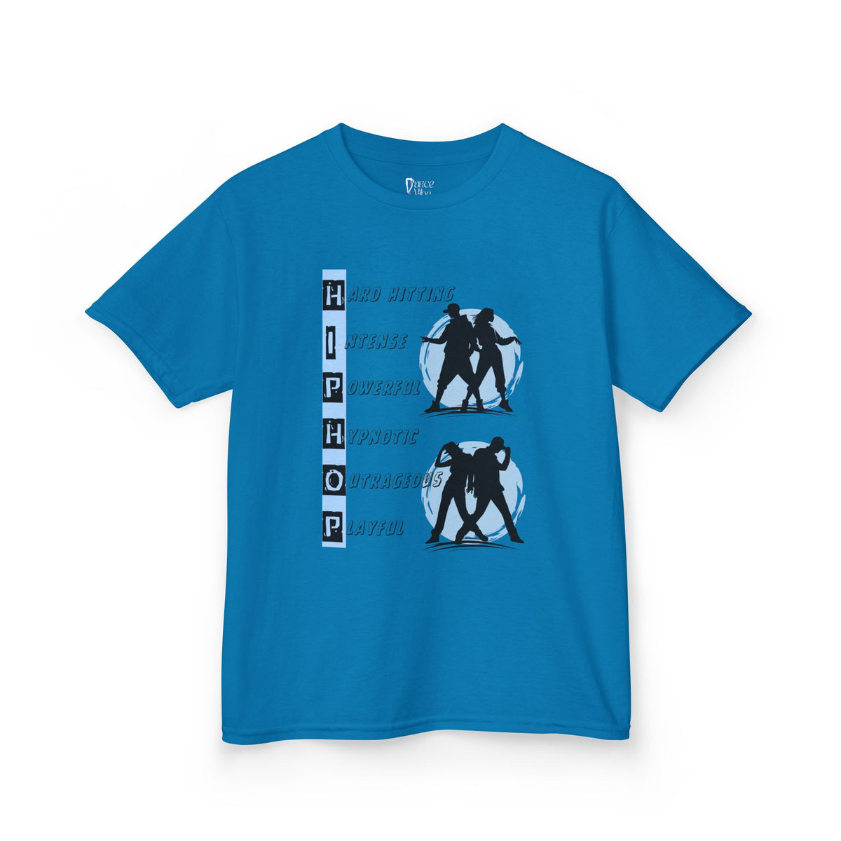Front view of a youth Gildan 5000B heavy cotton t-shirt in royal with dancing Hip Hop Couples
