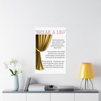 Break a Leg theatre wall art poster with gold (left side) curtain design explaining the origin of the phrase hanging on bedroom wall Size 24x36