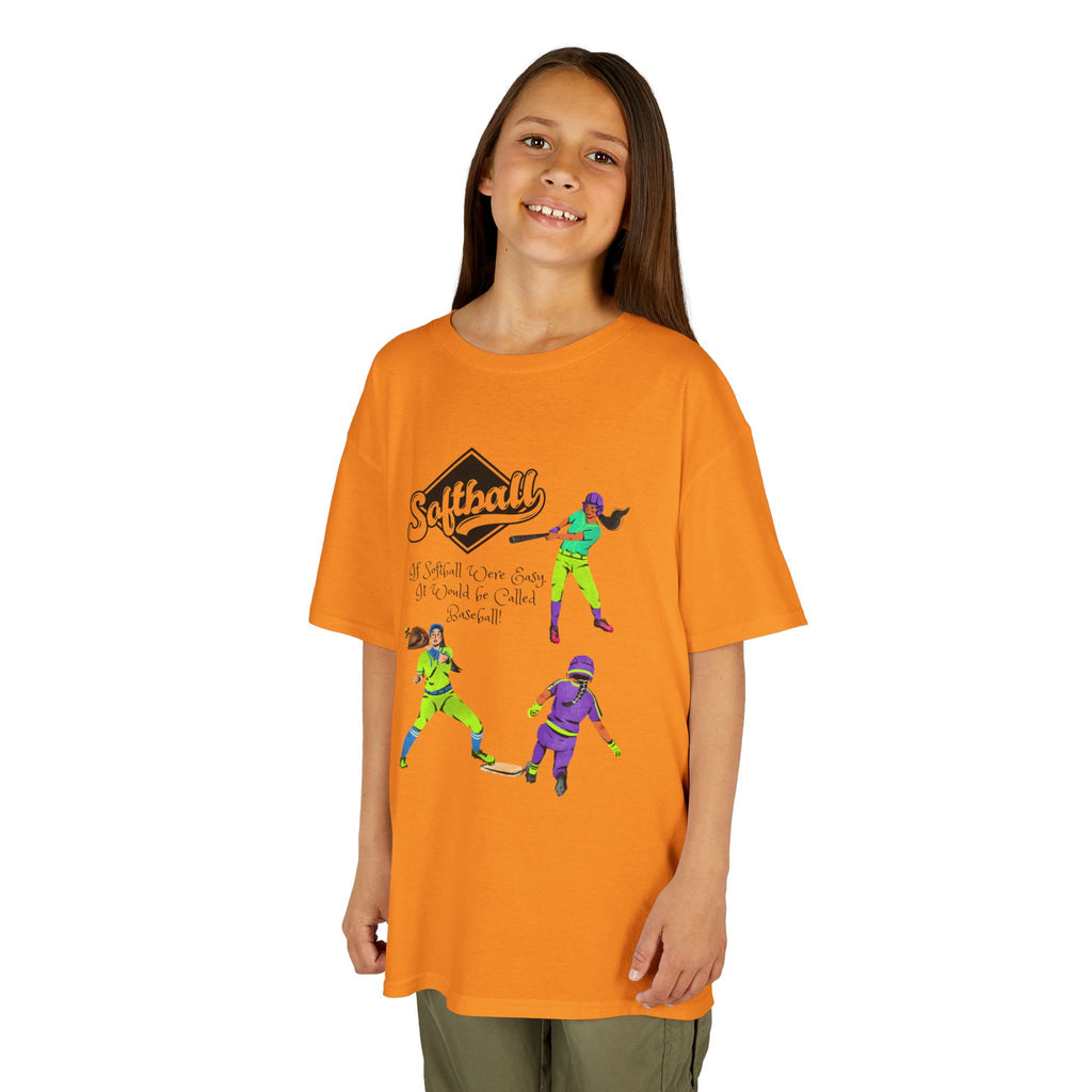 Young girl wearing a youth Gildan 5000B heavy cotton t-shirt in tennessee orange with a Softball text and graphic