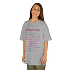 Young girl wearing a youth Gildan 5000B heavy cotton t-shirt in sport grey with A Dancer's Prayer text and graphic