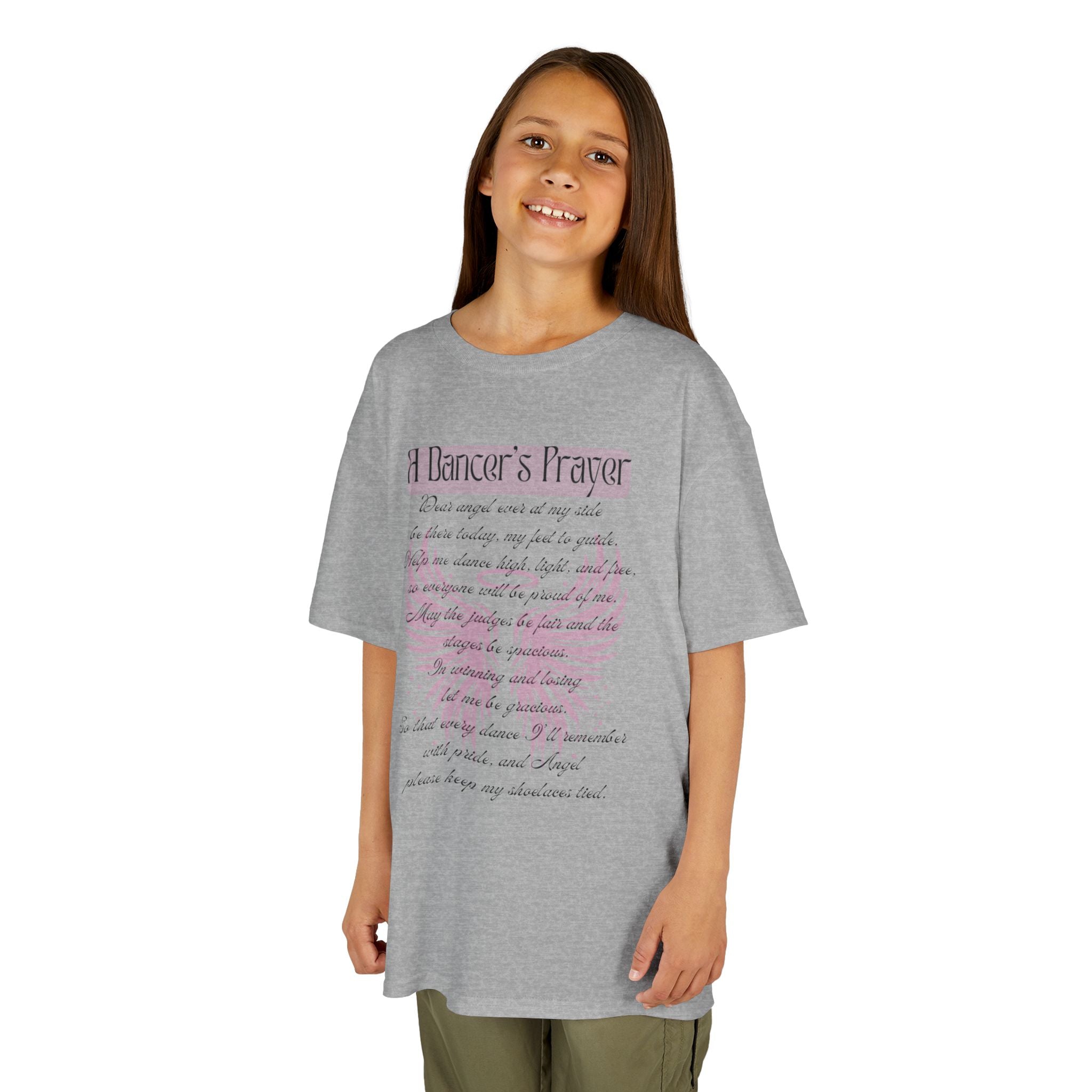 Young girl wearing a youth Gildan 5000B heavy cotton t-shirt in sport grey with A Dancer's Prayer text and graphic