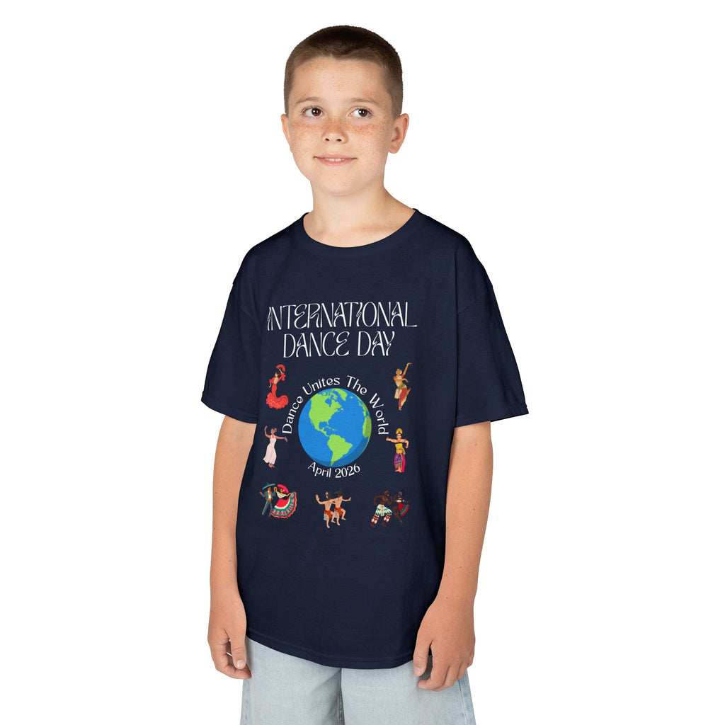 Young boy wearing a youth Gildan 5000B heavy cotton t-shirt in navy with an International Dance Day theme 