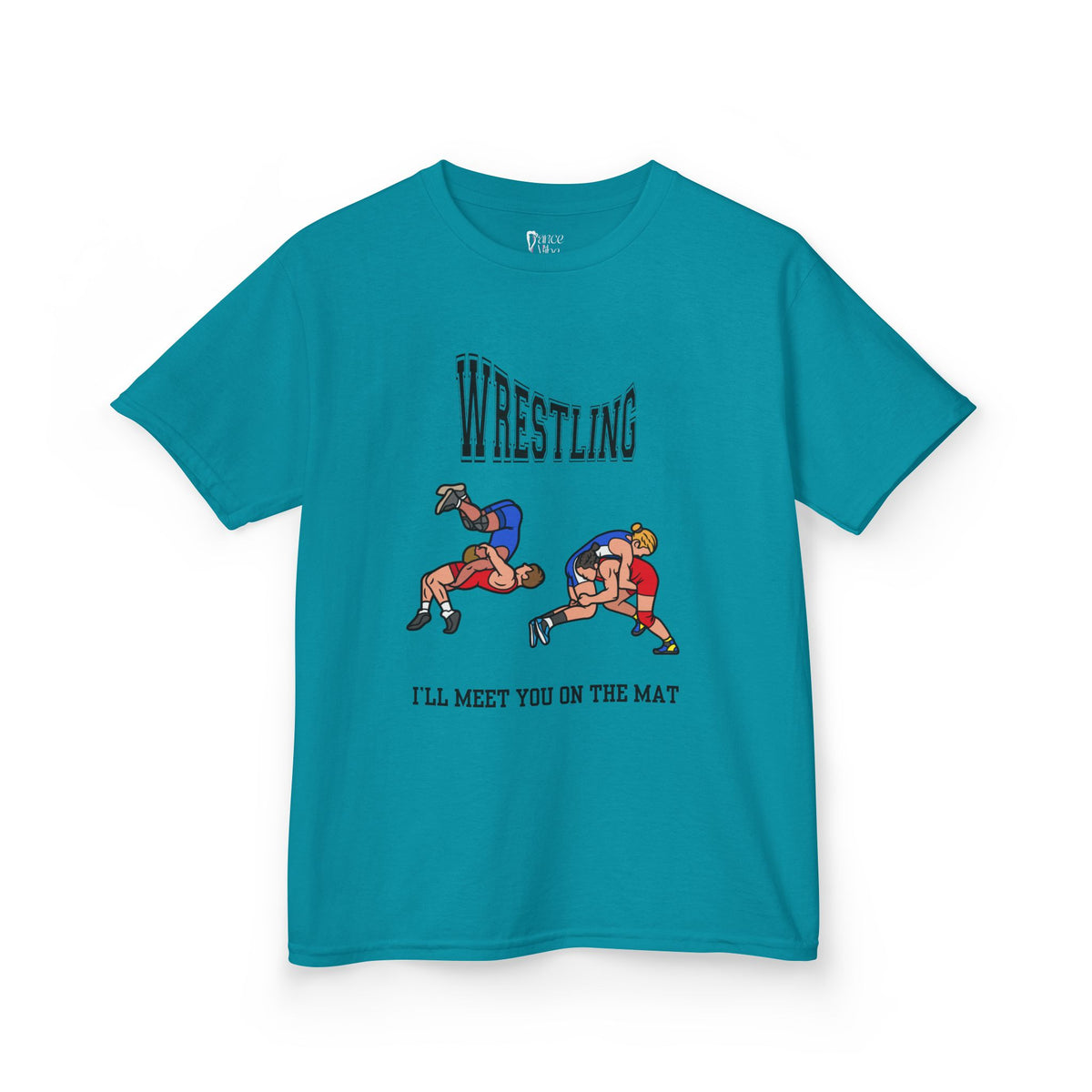 Front view of a youth Gildan 5000B heavy cotton t-shirt in tropical blue with a Wrestling text and graphic