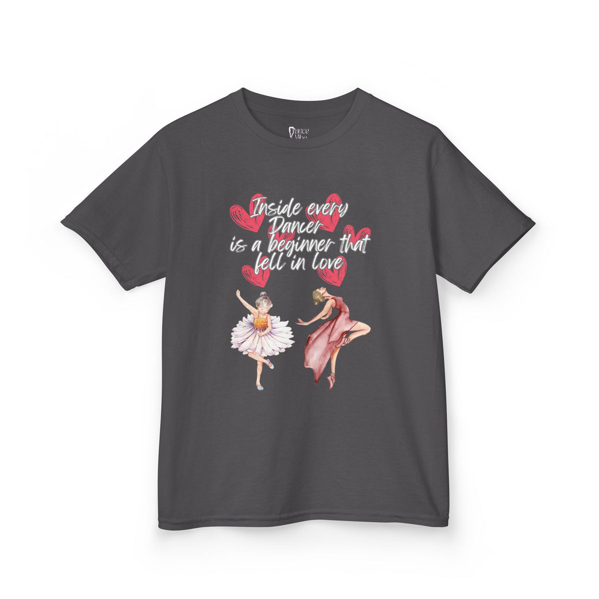 Front view of a youth Gildan 5000B heavy cotton t-shirt in charcoal with an Inside Every Dancer is a Beginner that Fell in Love theme