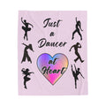 Pink velveteen plush throw blanket with dancer silhouettes a rainbow heart and Just a Dancer at Heart text Size 50x60