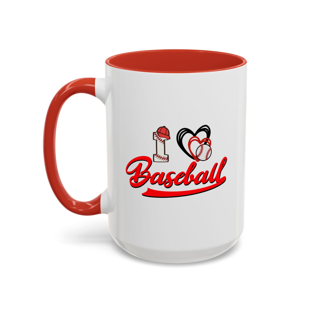 15oz white ceramic I Love Baseball mug with red handle and interior Left handed view
