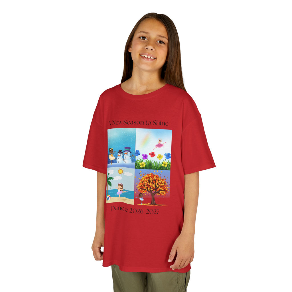 Young girl wearing a youth Gildan 5000B heavy cotton t-shirt in red with an A New Season to Shine Dance 2026-2027 theme