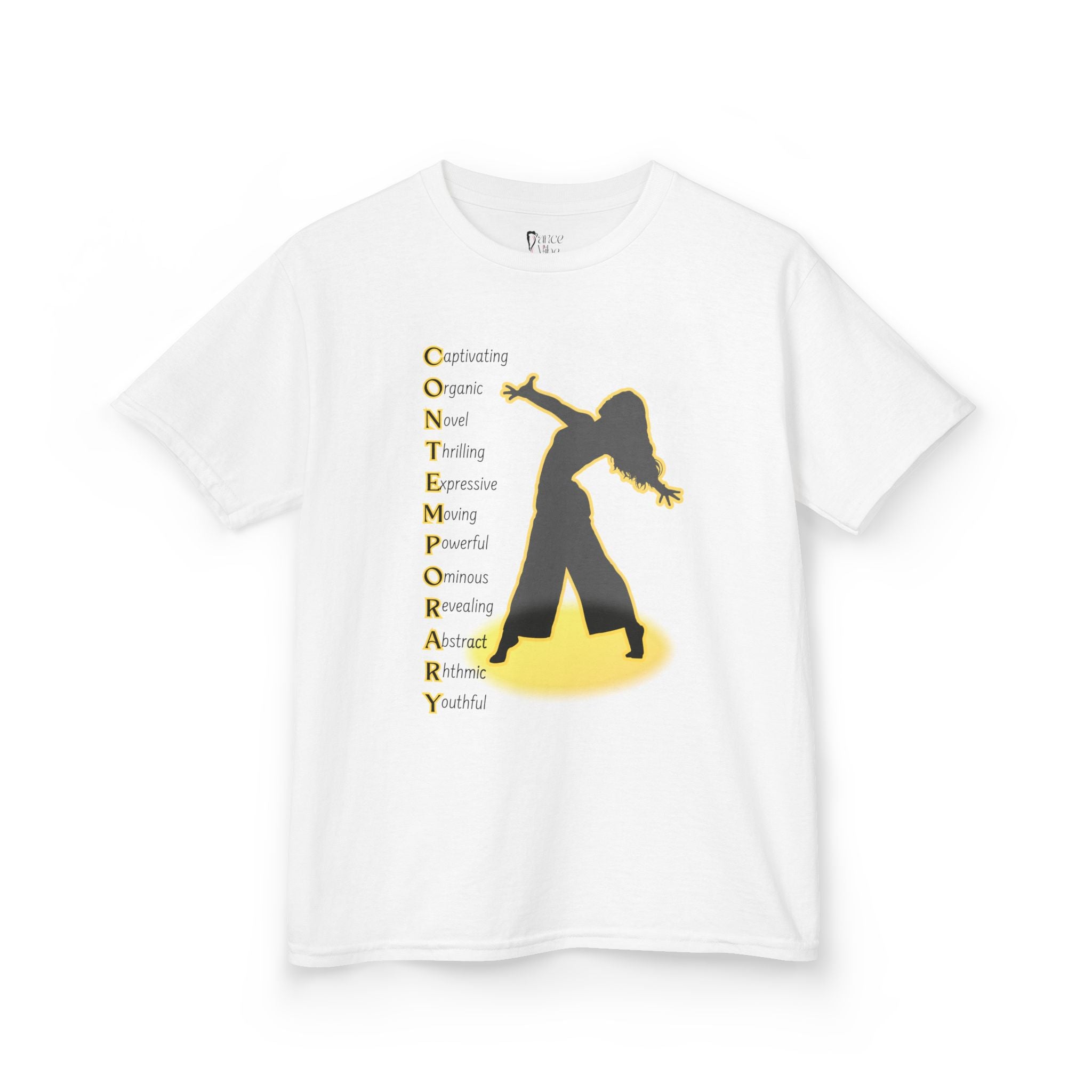 Front view of a youth Gildan 5000B heavy cotton t-shirt in white with a Contemporary Dance text and graphic