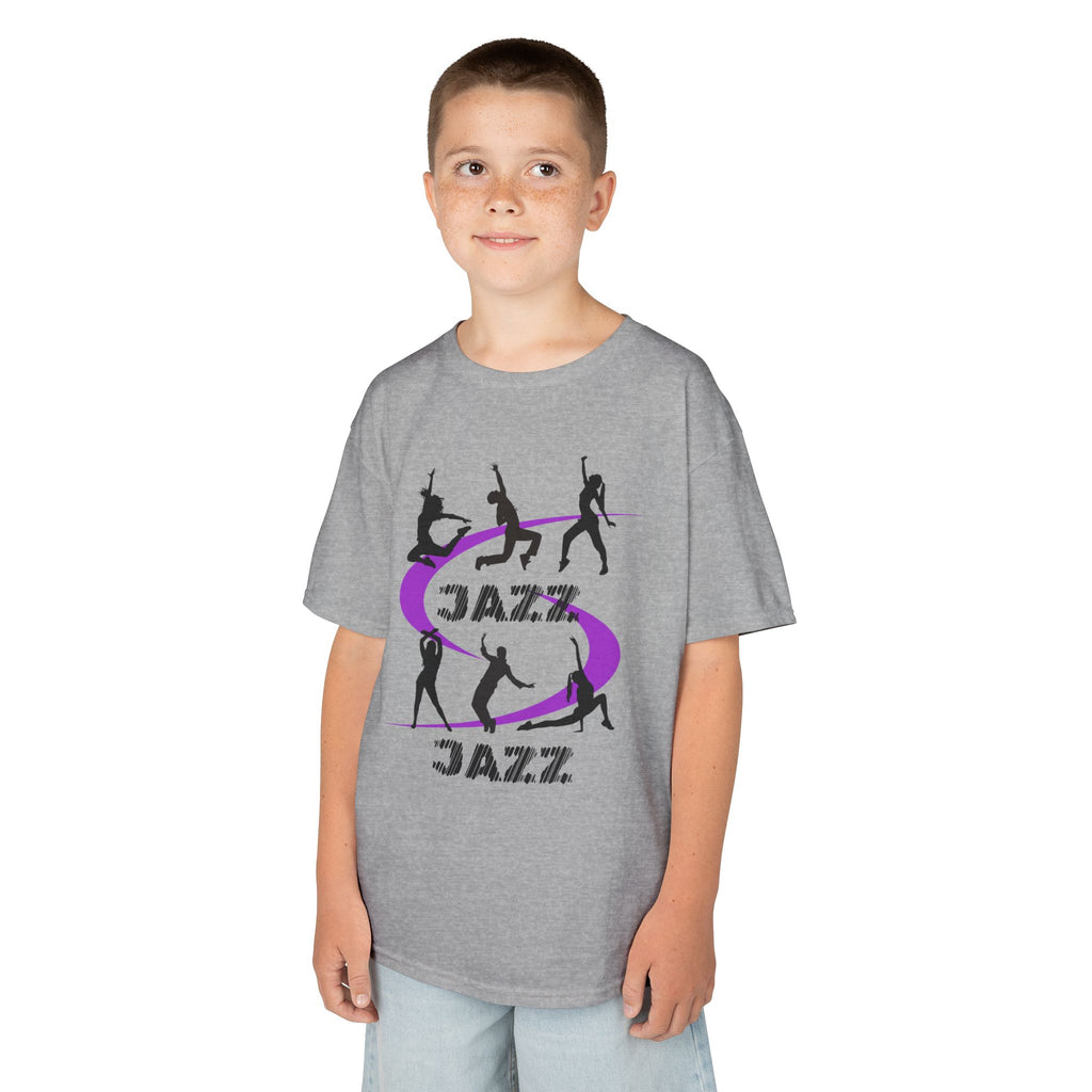 Young boy wearing a youth Gildan 5000B heavy cotton t-shirt in sport grey with a Jazz Dance text and graphic