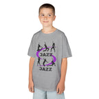 Young boy wearing a youth Gildan 5000B heavy cotton t-shirt in sport grey with a Jazz Dance text and graphic