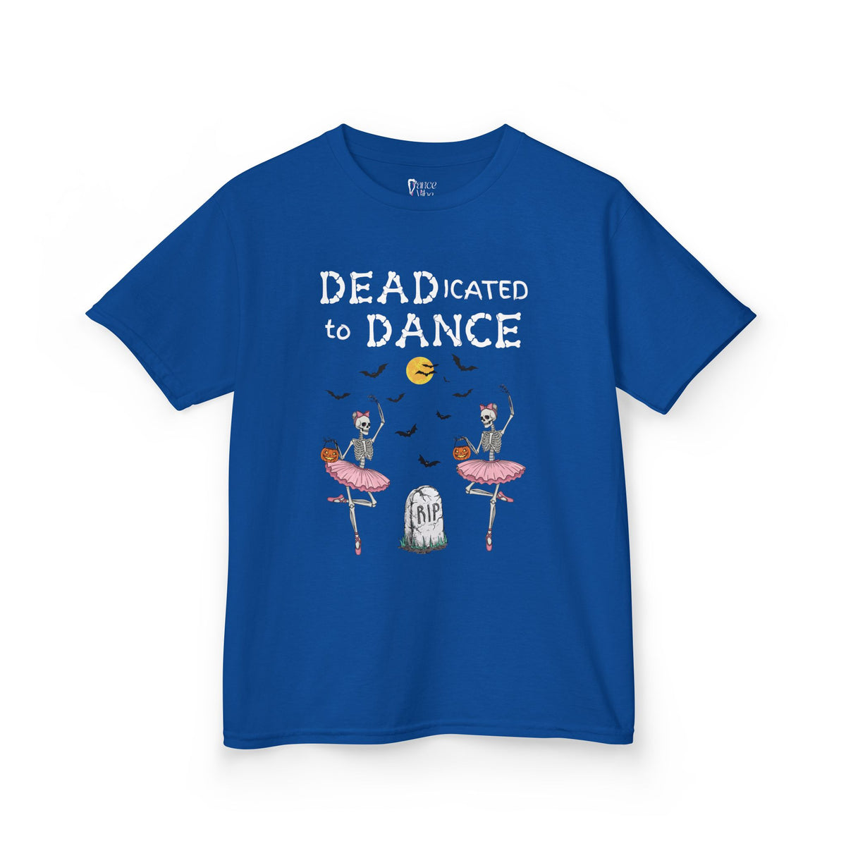 Front view of a youth Gildan 5000B heavy cotton t-shirt in royal with a Deadicated to Dance Halloween theme
