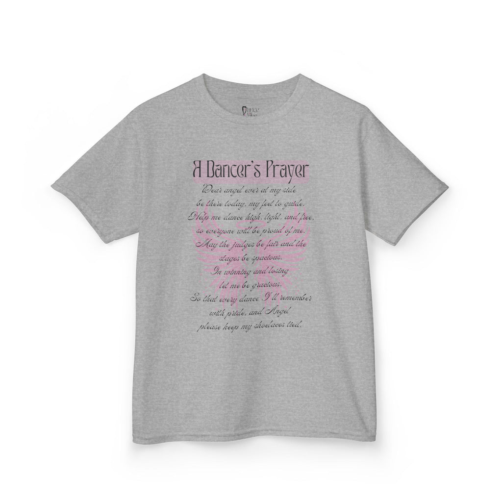 Front view of a youth Gildan 5000B heavy cotton t-shirt in sport grey with A Dancer's Prayer text and graphic