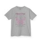 Front view of a youth Gildan 5000B heavy cotton t-shirt in sport grey with A Dancer's Prayer text and graphic
