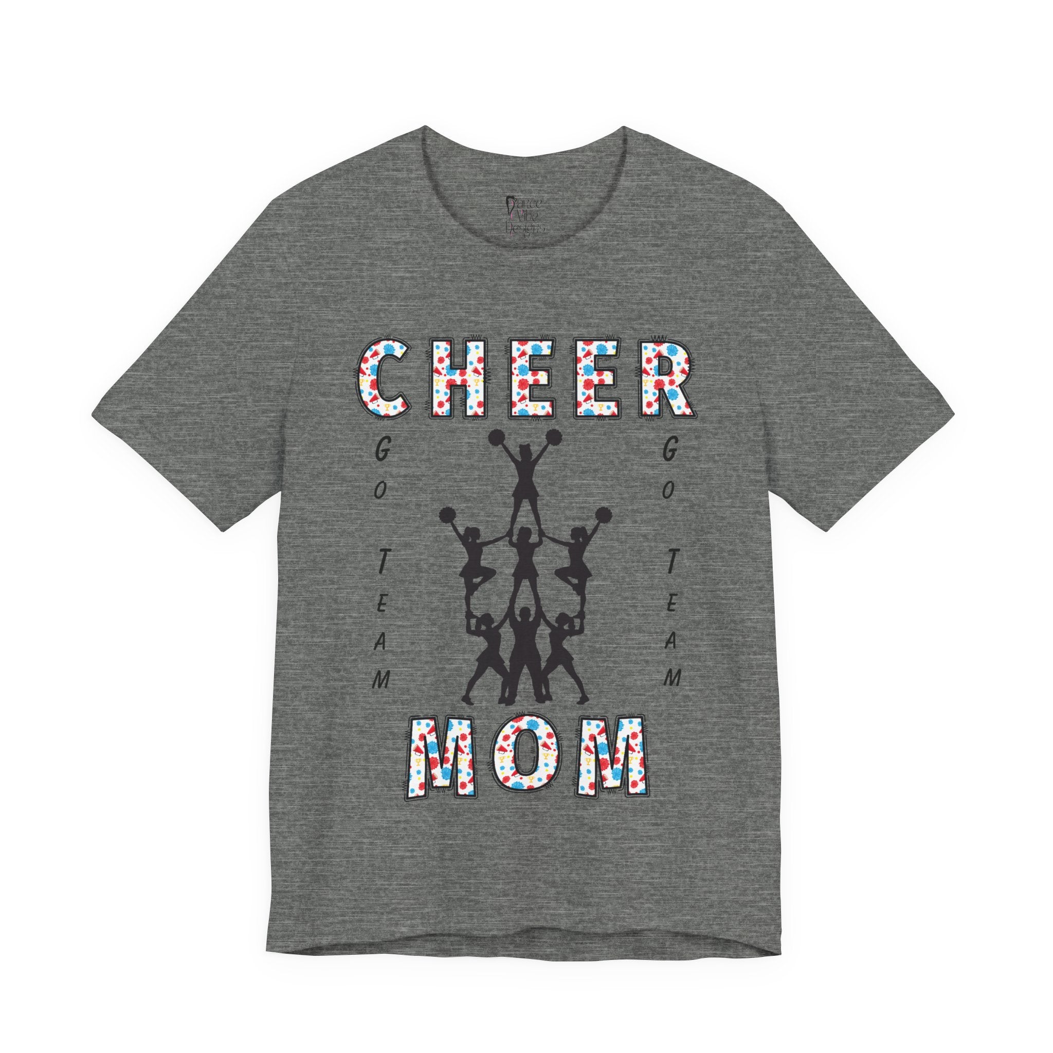 A deep heather short-sleeve crewneck t-shirt featuring a CHEER GO TEAM MOM graphic on the front. 