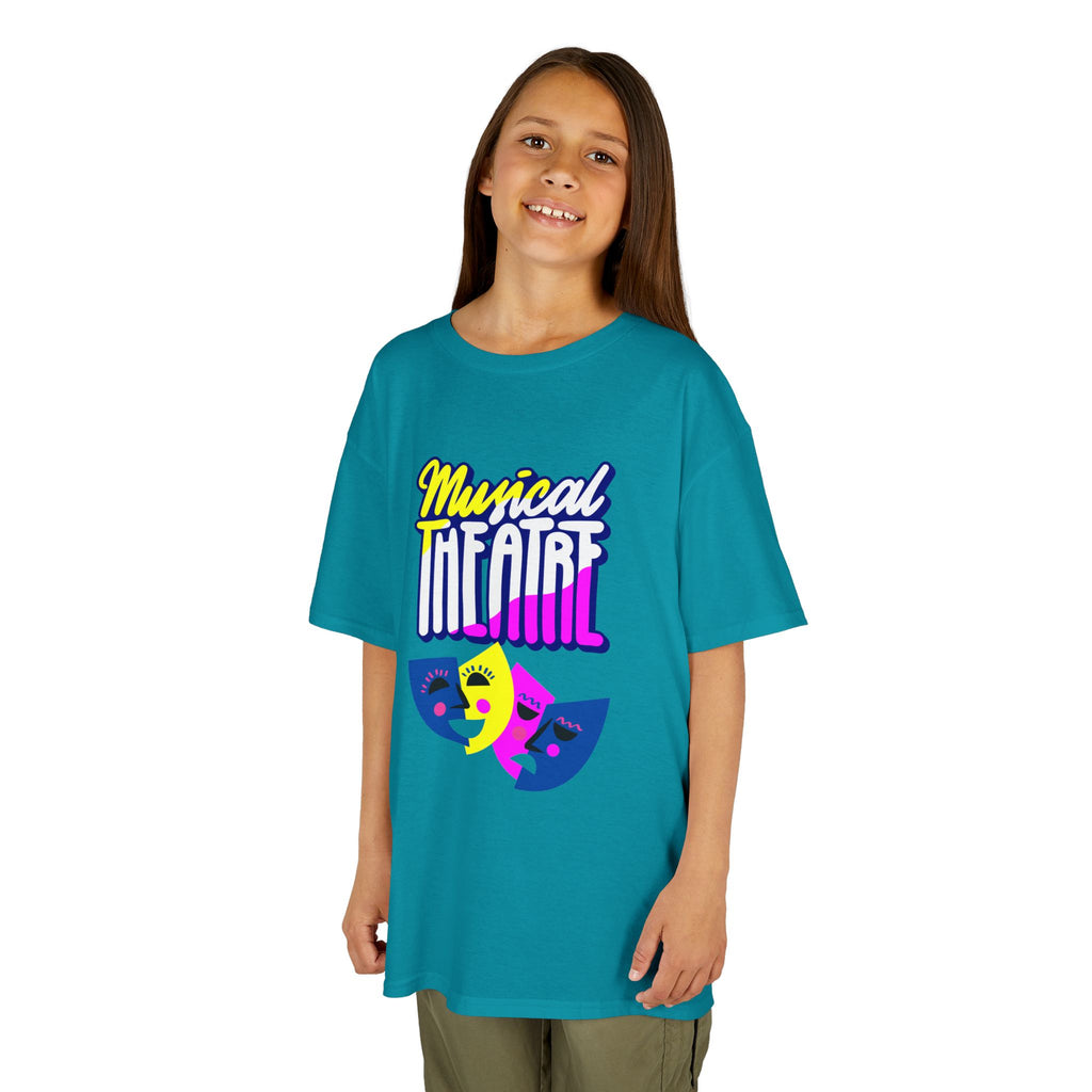 Young girl wearing a youth Gildan 5000B heavy cotton t-shirt in tropical blue with a Musical Theater rainbow mask graphic
