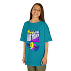 Young girl wearing a youth Gildan 5000B heavy cotton t-shirt in tropical blue with a Musical Theater rainbow mask graphic