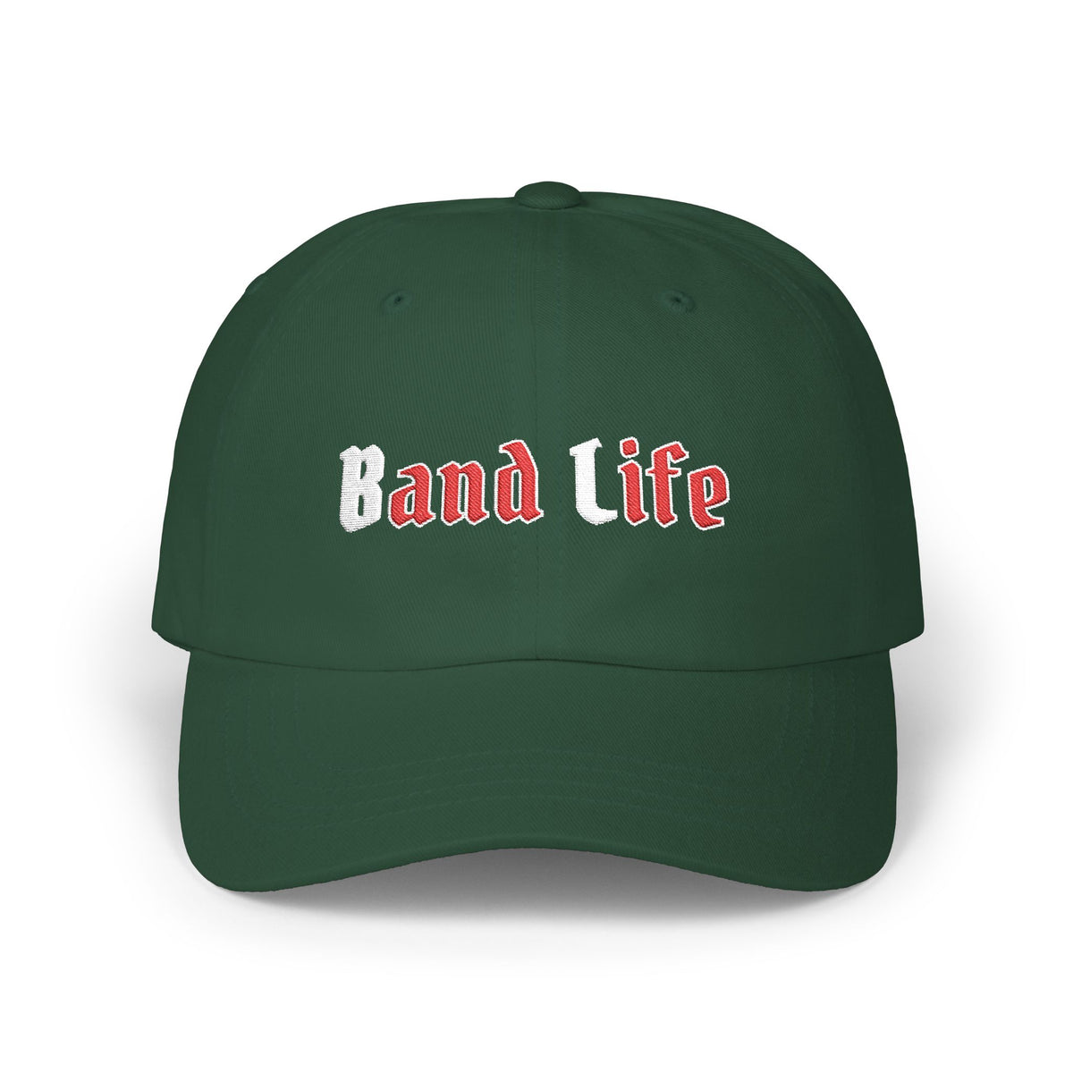 Spruce cap with an embroidered Band Life text.