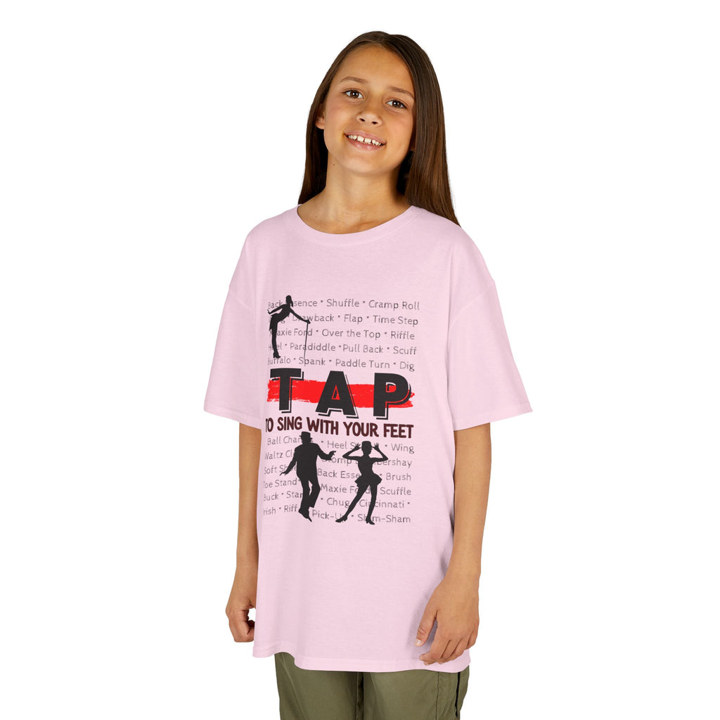 Young girl wearing a youth Gildan 5000B heavy cotton t-shirt in light pink with a Tap text and design