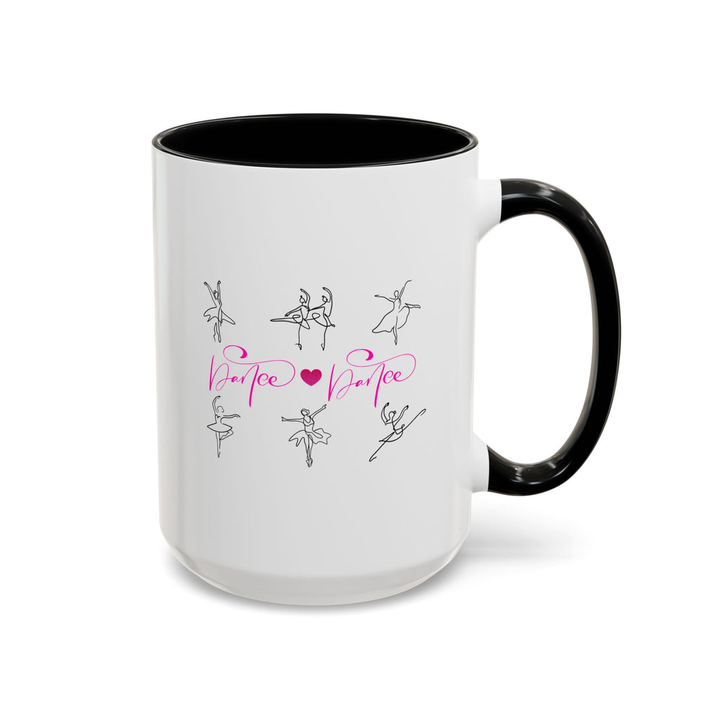 15oz white ceramic Dancer Line Art mug with black handle and interior Right handed view