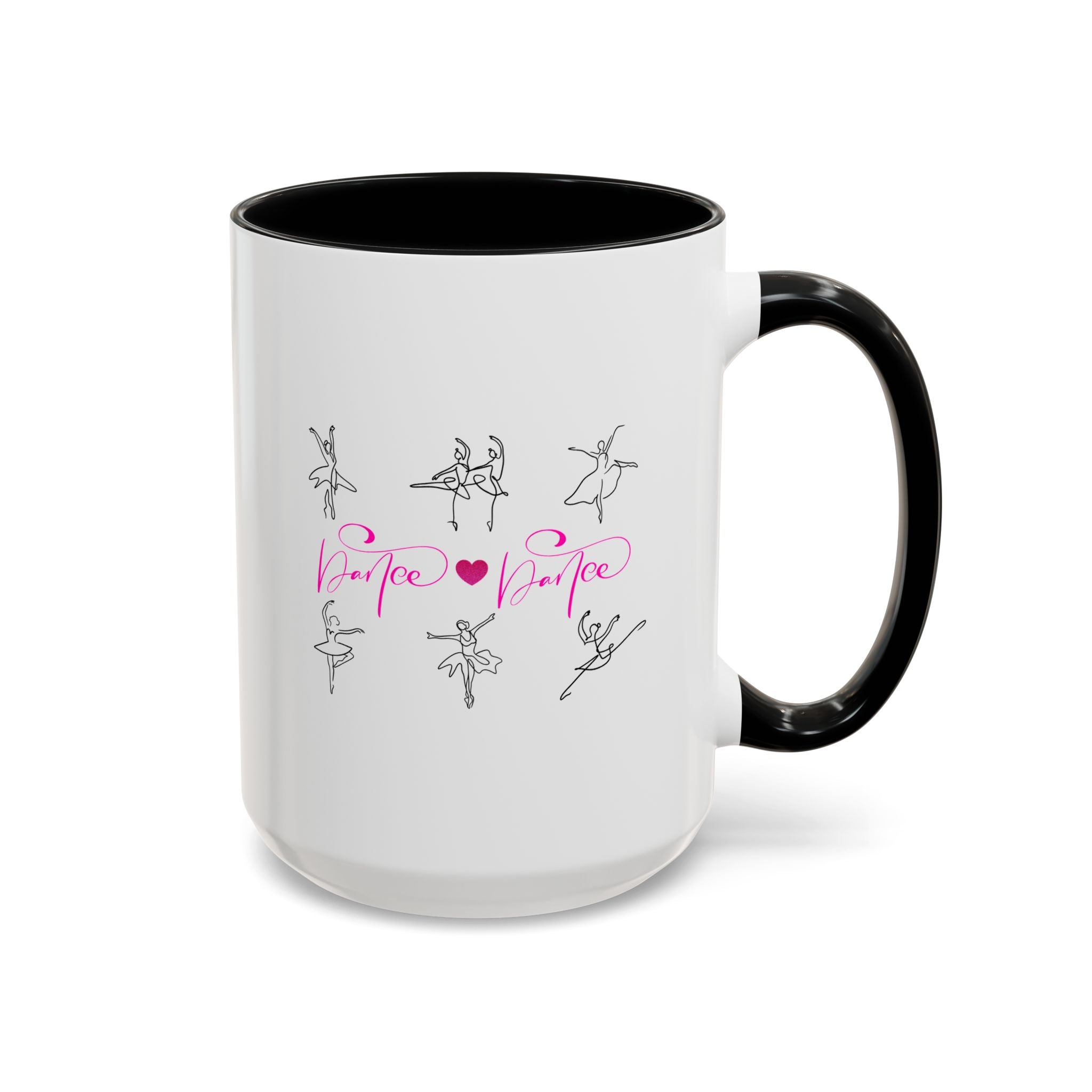 15oz white ceramic Dancer Line Art mug with black handle and interior Right handed view