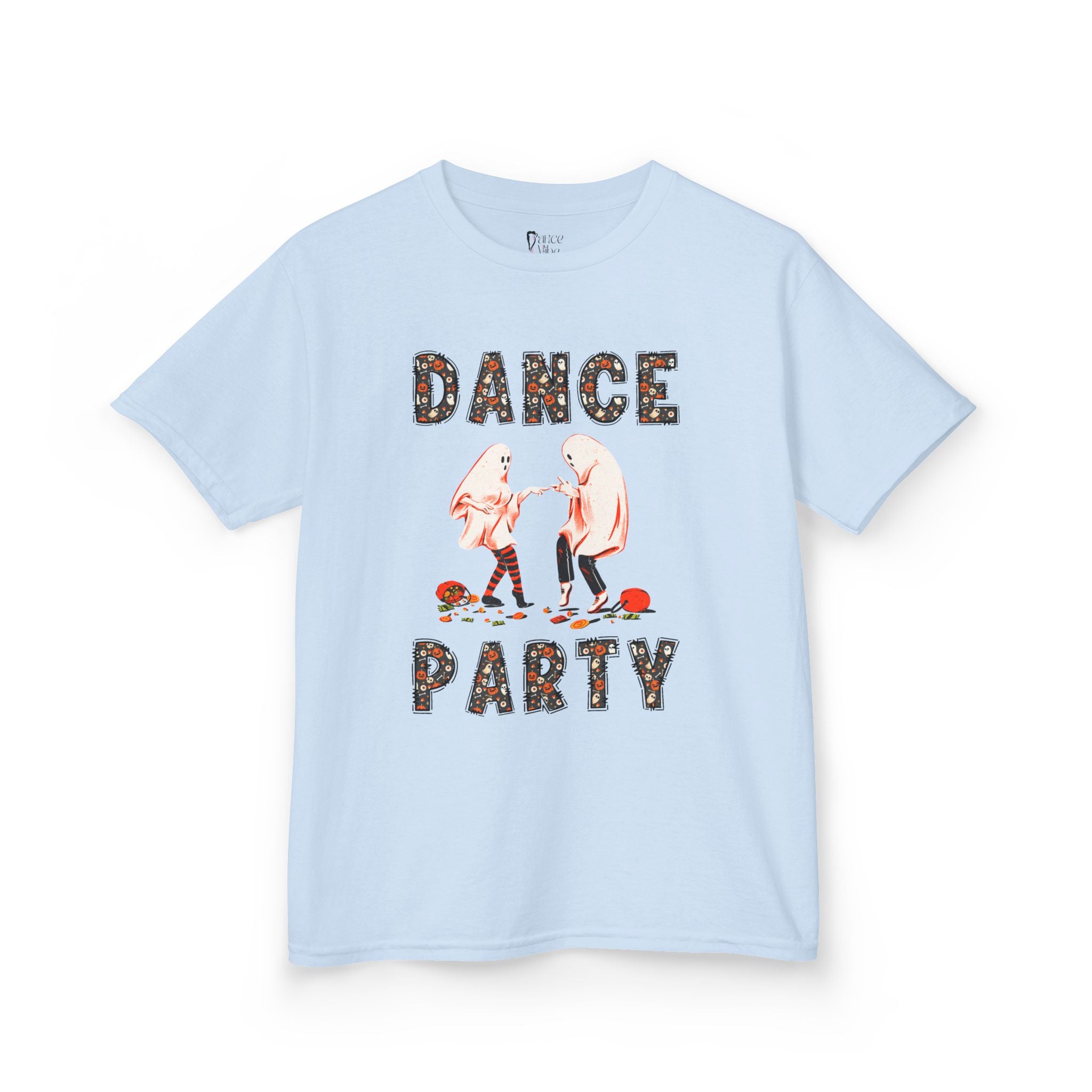 Front view of a youth Gildan 5000B heavy cotton t-shirt in light blue with a Halloween Dance Party theme