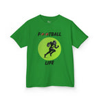 Front view of a youth Gildan 5000B heavy cotton t-shirt in irish green with a Football Life text and graphic