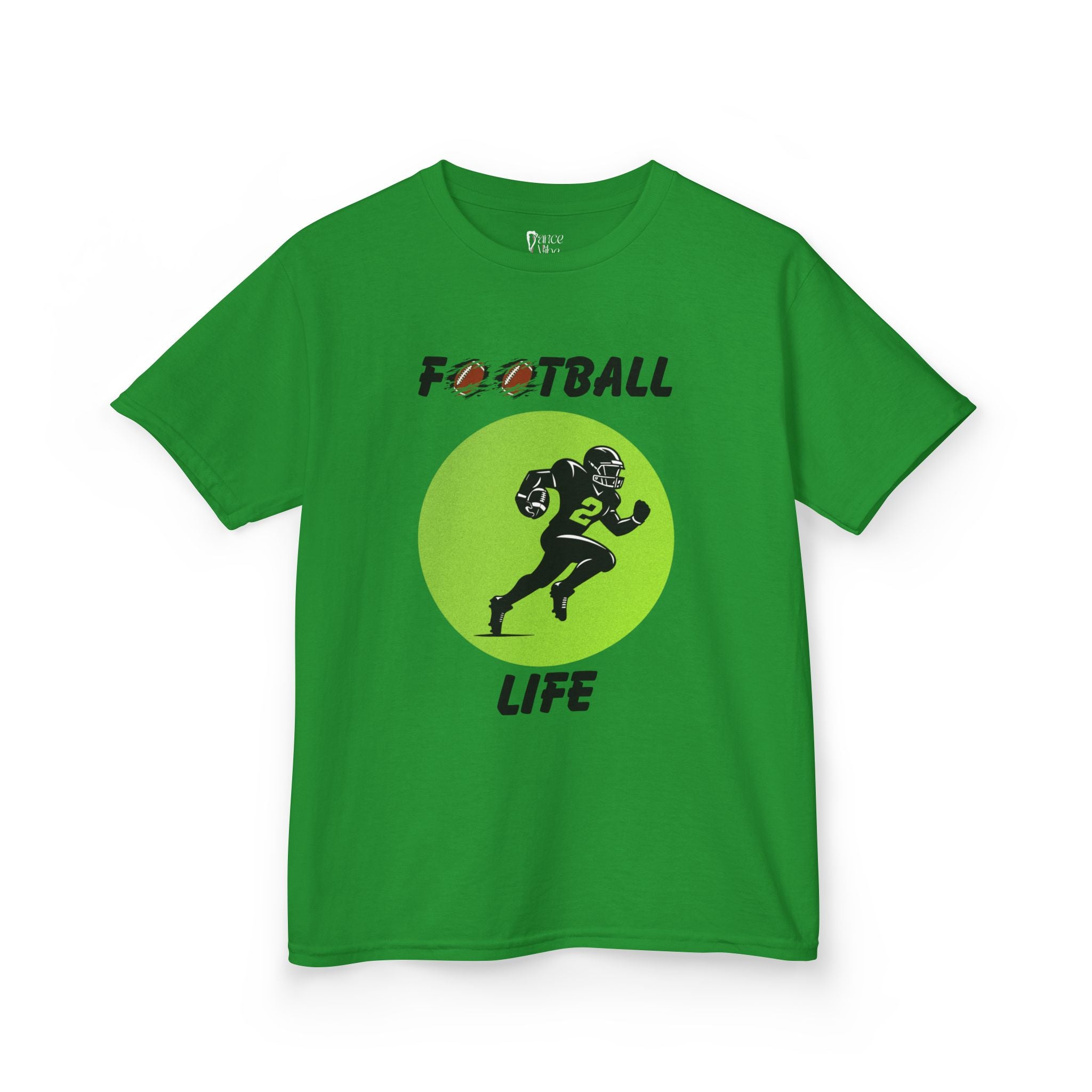 Front view of a youth Gildan 5000B heavy cotton t-shirt in irish green with a Football Life text and graphic