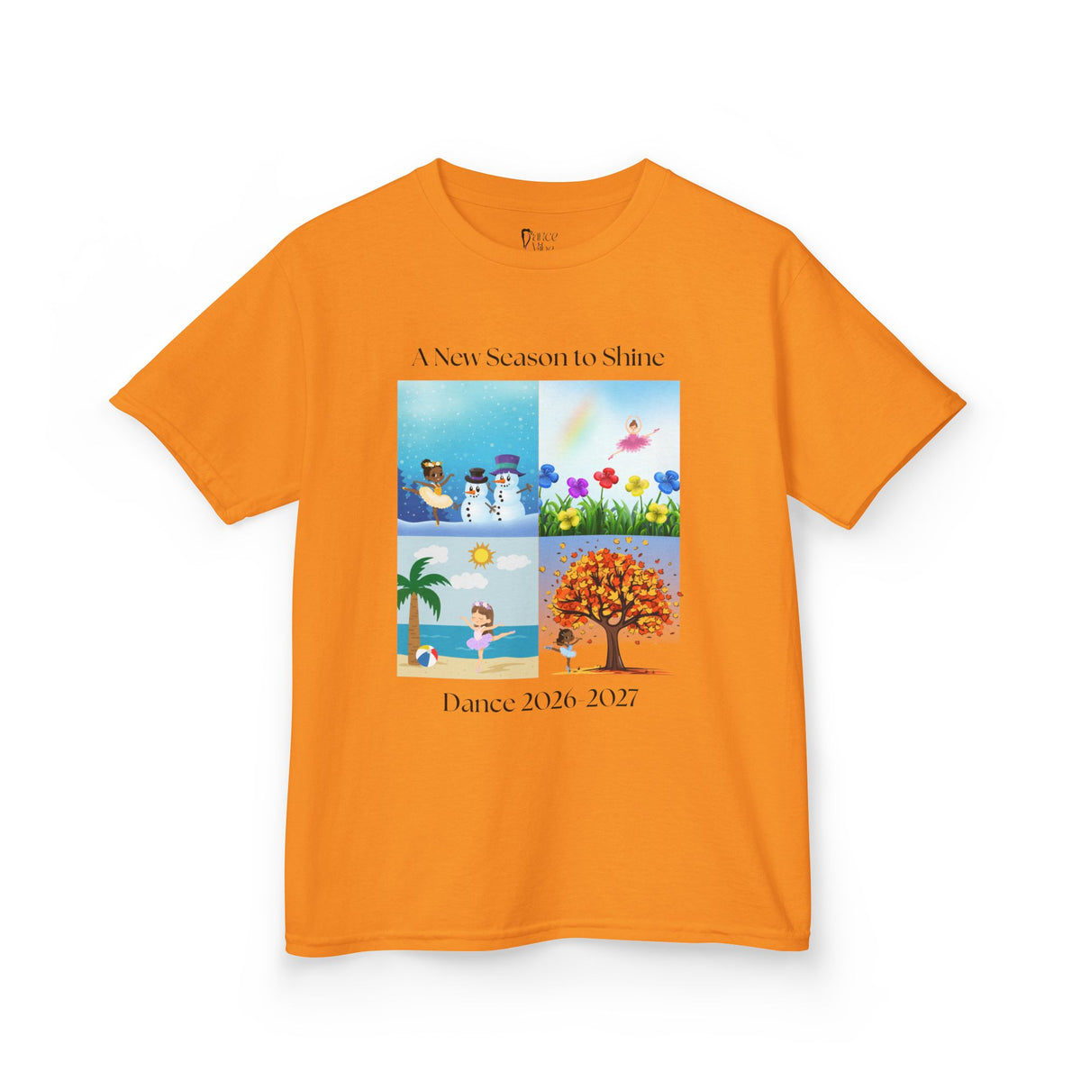 Front view of a youth Gildan 5000B heavy cotton t-shirt in tennessee orange with an A New Season to Shine Dance 2026-2027 theme