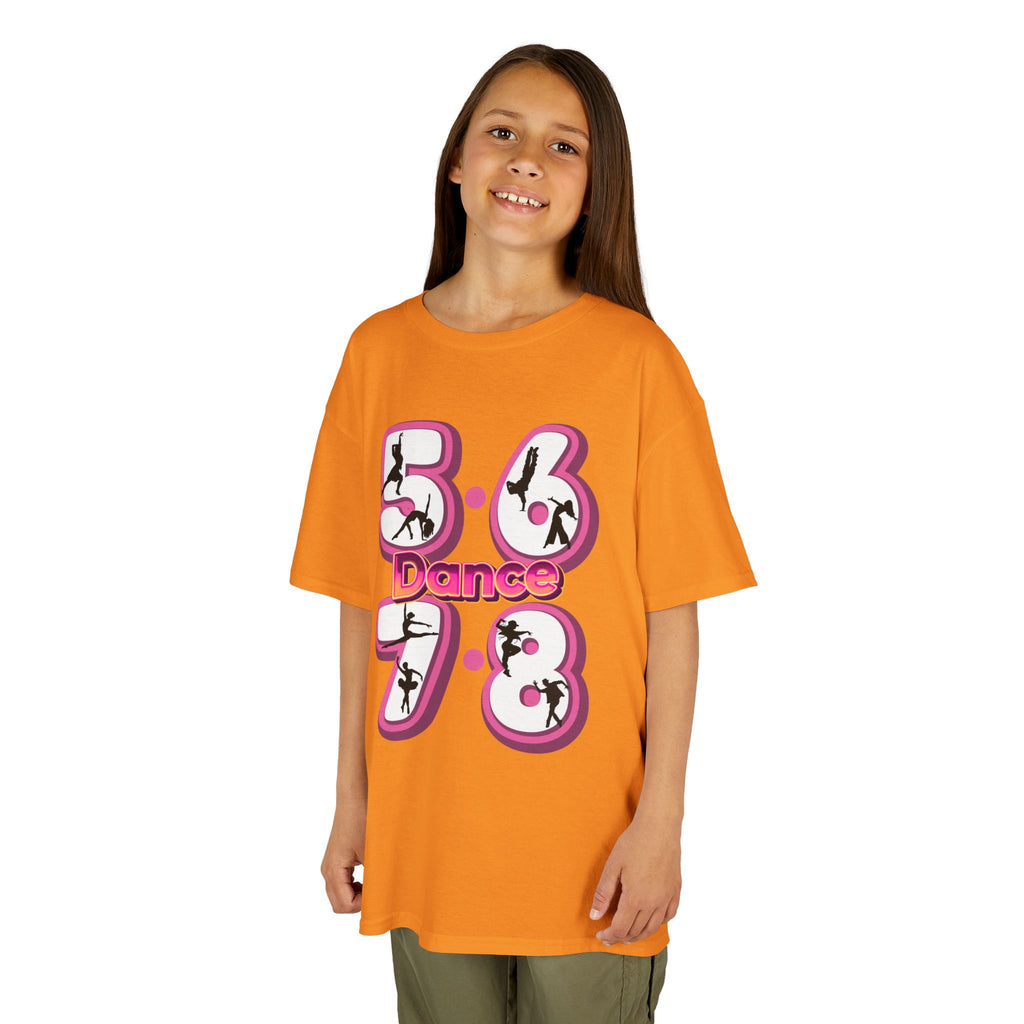 Young girl wearing a Gildan 5000B heavy cotton t-shirt in tennessee orange with a 5678 Dance text and graphic