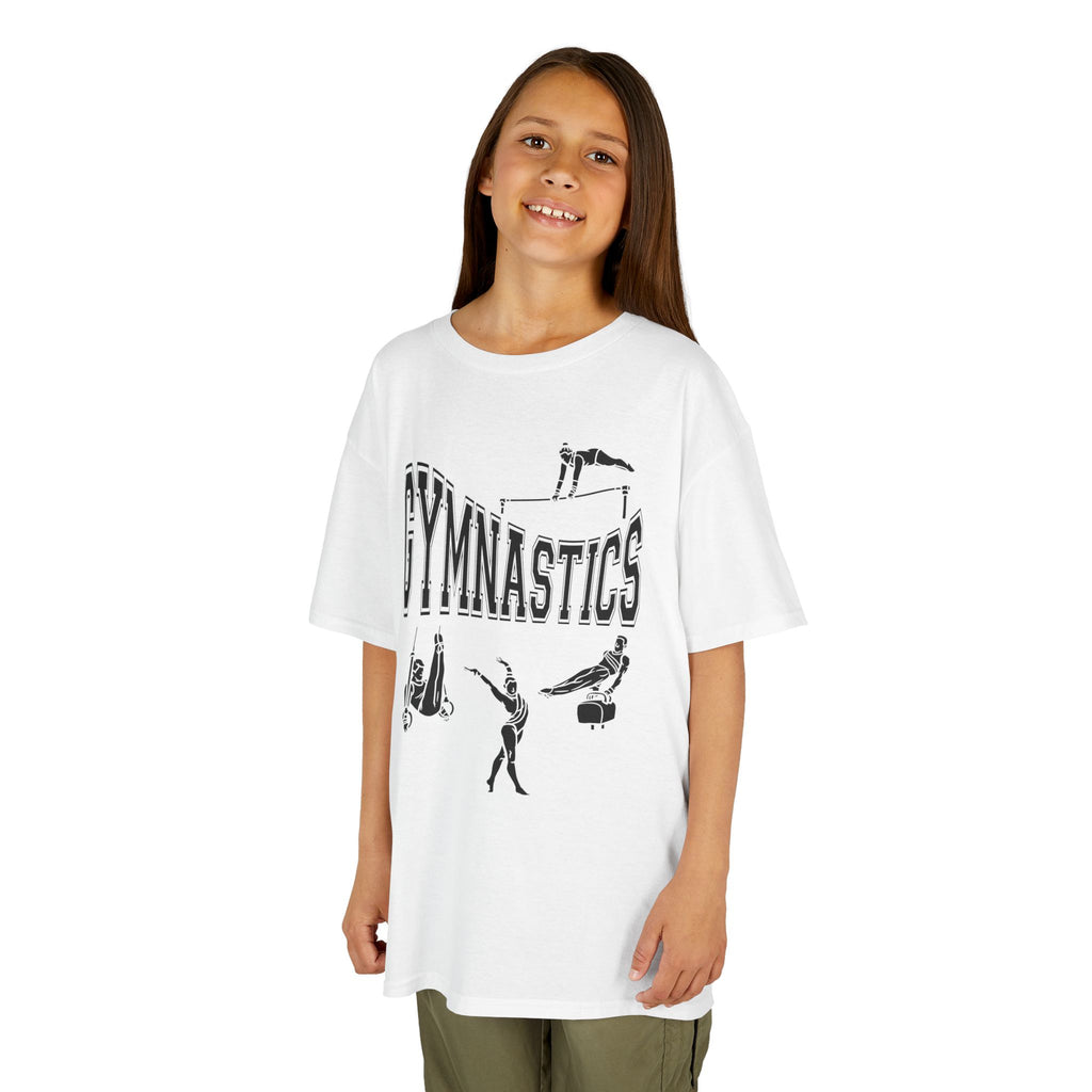 Young girl wearing a youth Gildan 5000B heavy cotton t-shirt in white with a gymnastics text and graphic