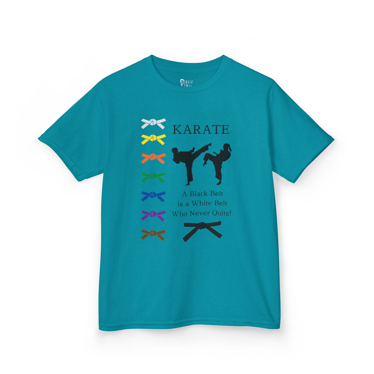 Front view of a youth Gildan 5000B heavy cotton t-shirt in tropical blue with a Karate text and graphic