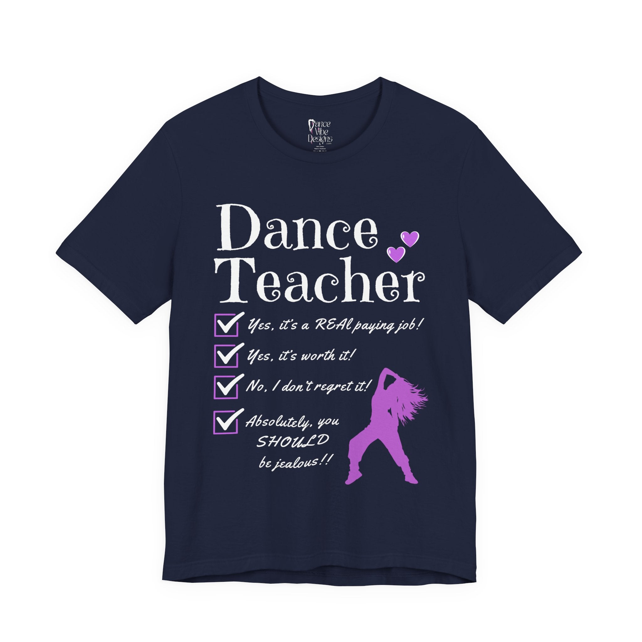 A navy short-sleeve graphic t-shirt featuring the text Dance Teacher with a jazz, hip hop dancer silhouette.