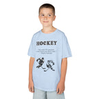 Young boy wearing a youth Gildan 5000B heavy cotton t-shirt in light blue with a Hockey text and graphic