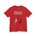 Front view of a youth Gildan 5000B heavy cotton t-shirt in red with a Boys Basketball theme
