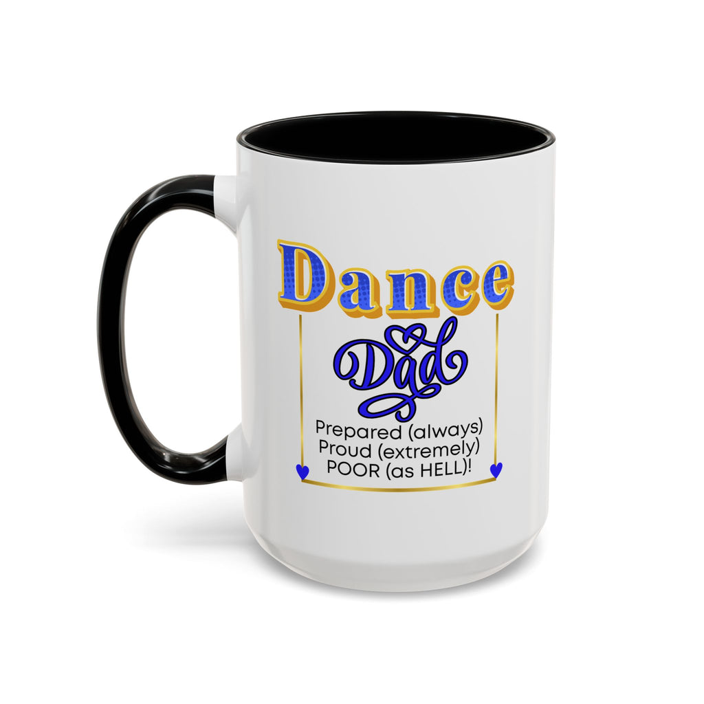 15oz white ceramic Dance Dad mug with black handle and interior Left handed view
