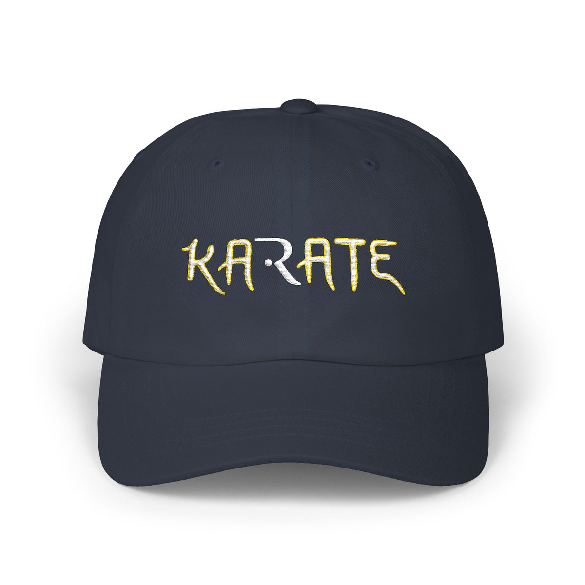 Navy embroidered classic dad cap hat with a Karate text and graphic Front view