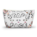 Makeup bag with The Perfect Stage Face text and face designs on a white background with white zipper