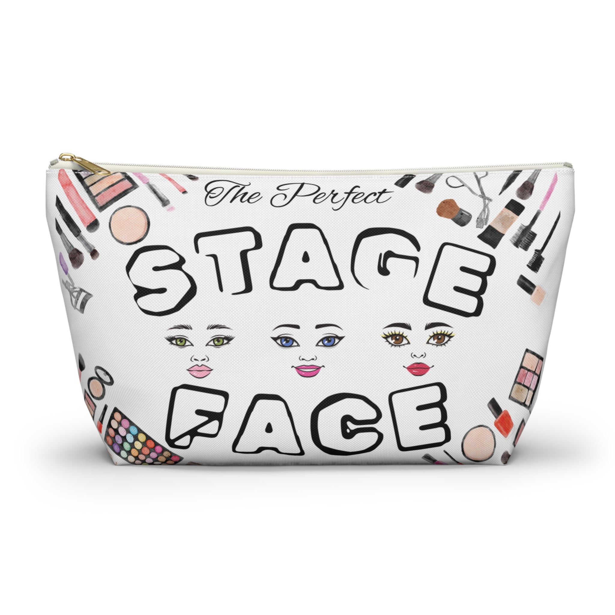 Makeup bag with The Perfect Stage Face text and face designs on a white background with white zipper