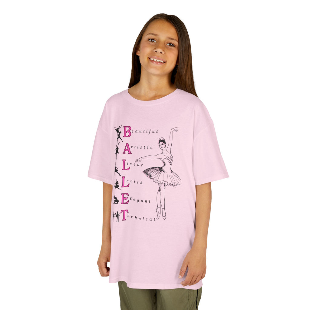 Young girl wearing a youth Gildan 5000B heavy cotton t-shirt in light pink with a Ballet Pointe theme
