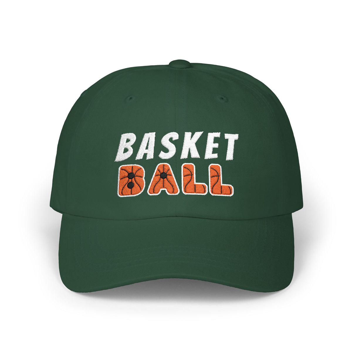 A spruce baseball cap featuring BASKET BALL embroidered on the front, with BASKET in white and BALL in orange.