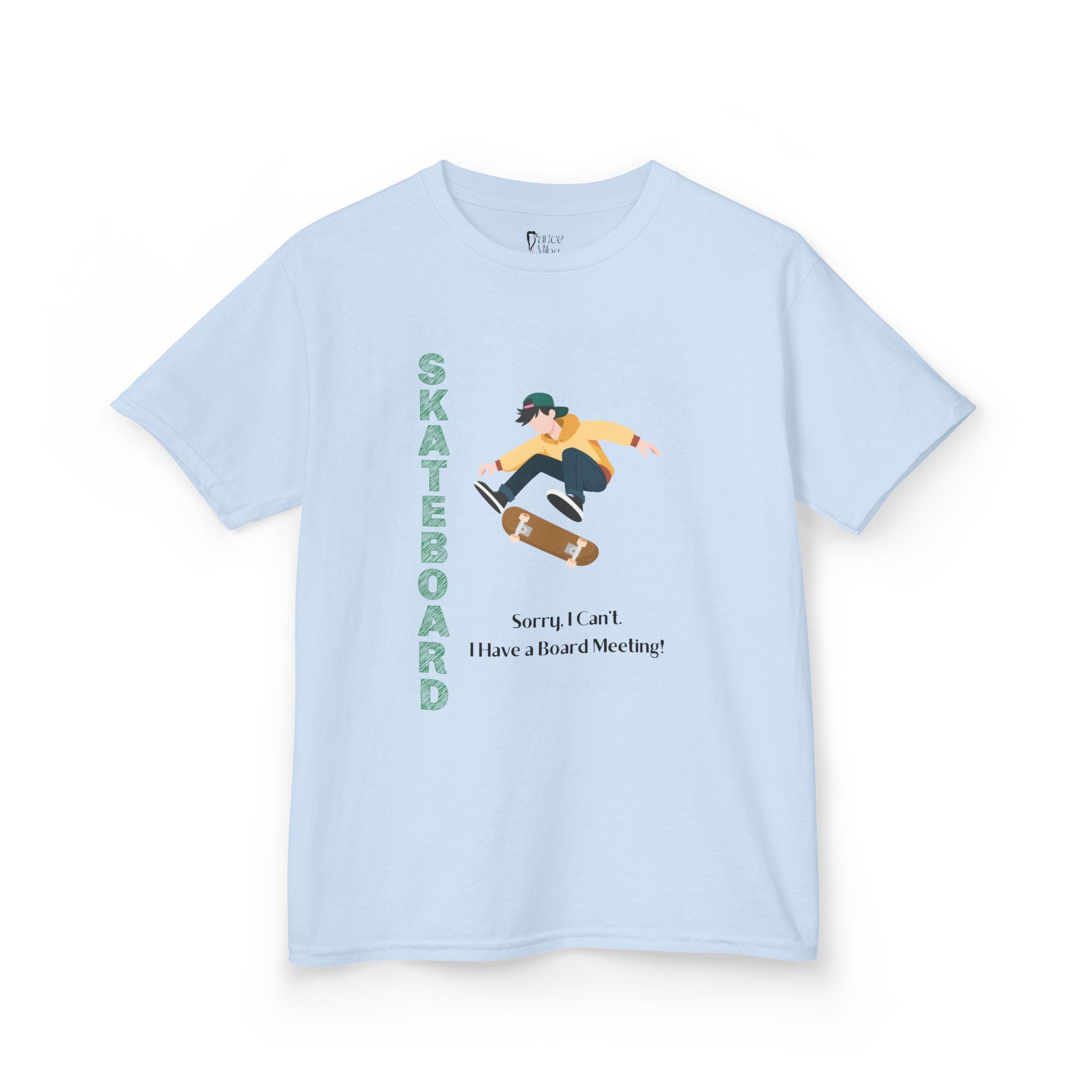 Front view of a youth Gildan 5000B heavy cotton t-shirt in light blue featuring a boy Skateboarding