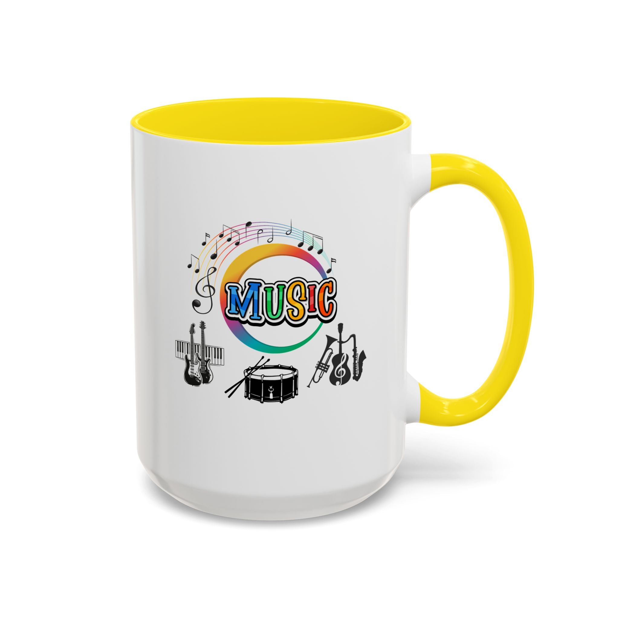 15oz white ceramic Music Instrument mug with yellow handle and interior Right handed view