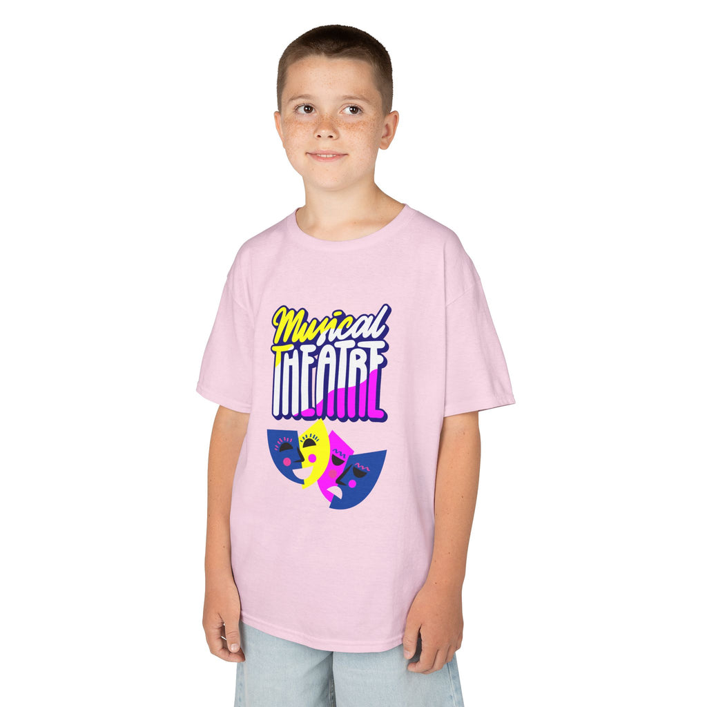 Young boy wearing a youth Gildan 5000B heavy cotton t-shirt in light pink with a Musical Theater rainbow mask graphic
