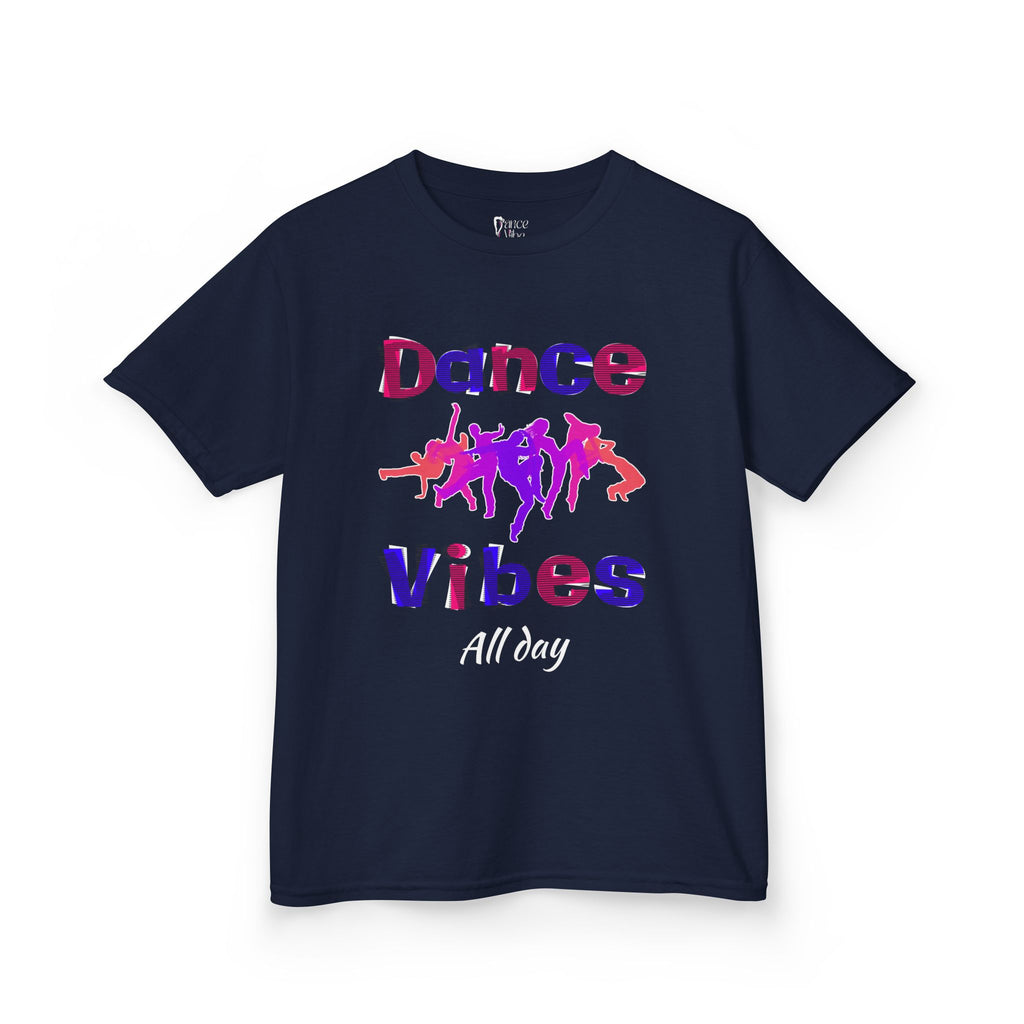 Front view of a youth Gildan 5000B heavy cotton t-shirt in navy with a Dance Vibes All Day text and graphic