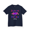 Front view of a youth Gildan 5000B heavy cotton t-shirt in navy with a Dance Vibes All Day text and graphic
